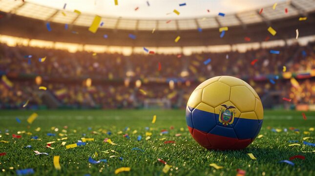 Ecuador soccer ball on stadium pitch with confetti