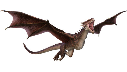 Brown dragon with large wings flying with mouth open © Hannah