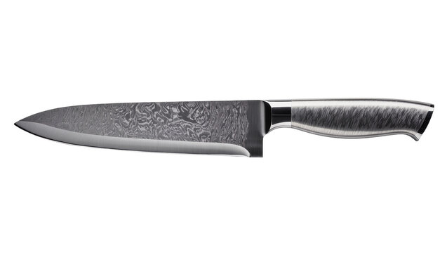 Damascus chef knife with patterned steel blade and brushed metal handle