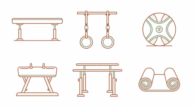 Set of six gymnastics equipment icons including pommel horse rings parallel bars balance beam medicine ball and yoga mat in flat line art style