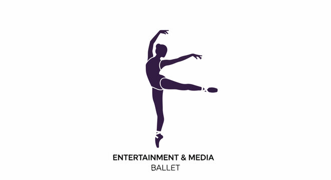 A purple silhouette of a ballerina in a graceful pose on a white background