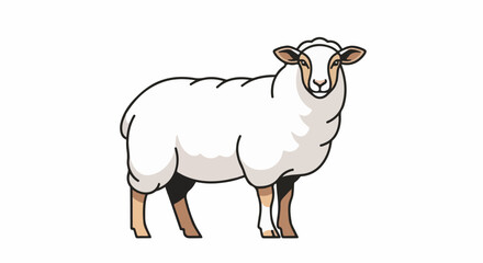 Fototapeta premium A cartoon white sheep with light brown and black accents stands on a white background