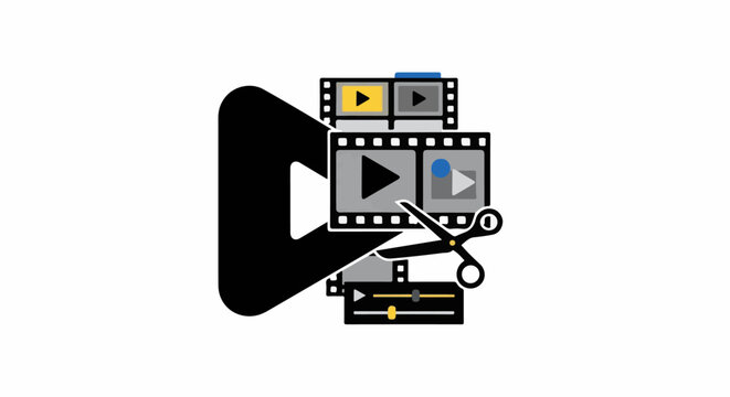 A collection of video editing symbols, including a play button, film strips, and scissors