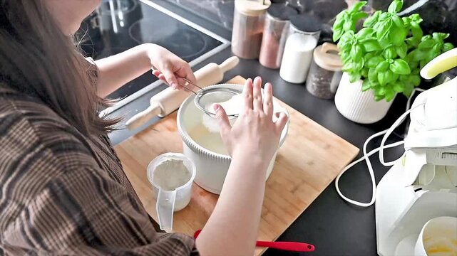 Woman mixes cake batter in a bowl with a rolling pin and hand mixer nearby in a modern marble kitchen preparing a homemade sponge cake from scratch.