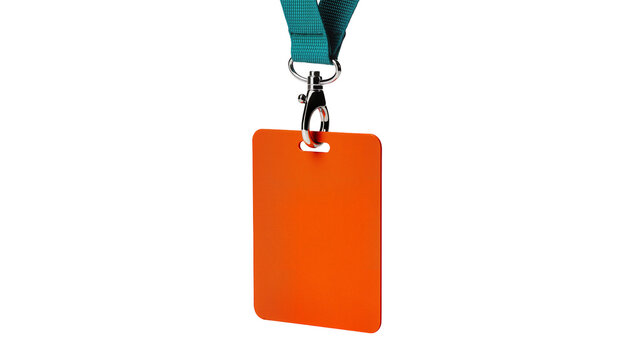Orange blank badge holder with teal lanyard and metal clip