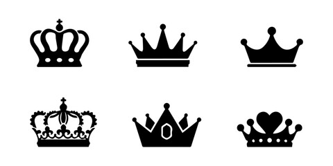 Obraz premium Large collection of black royal crown silhouettes and heraldic tiara icons set isolated on white background for king queen prince or luxury branding design.