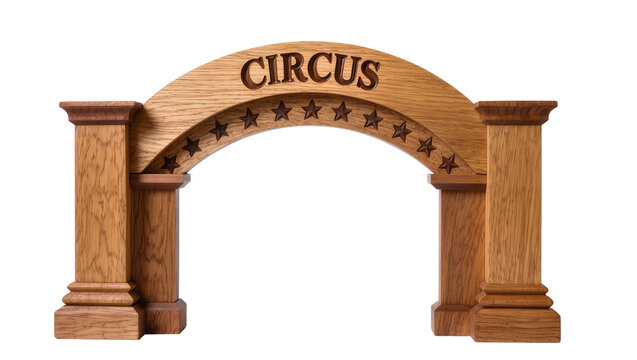 Wooden circus archway with stars and text
