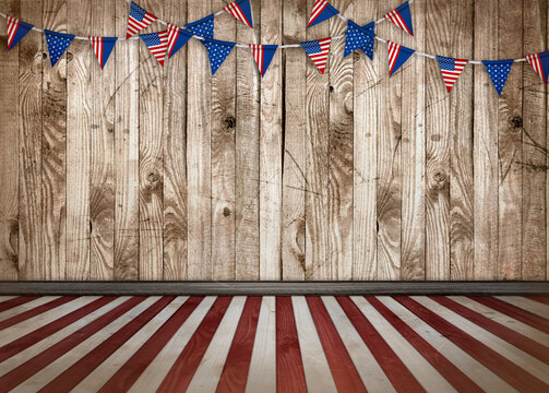 Vintage interior in wild west style in USA flag colors and old grunge wooden wall background and floor, 4th of july Independence Day theme, retro festive concept for american national holidays