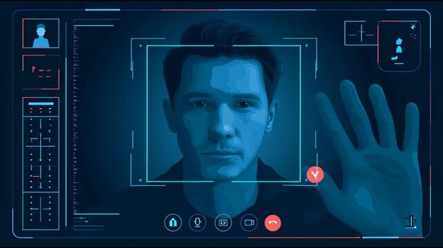 User engages with a digital interface during a deepfake call while facial recognition tracks their movements and expressions.