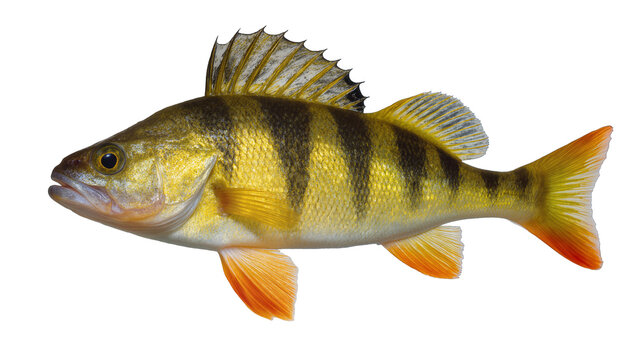 Yellow Perch Fish with Dark Stripes and Orange Fins