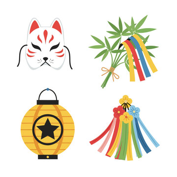 Japanese festival elements set with Kitsune mask, bamboo, and lantern.