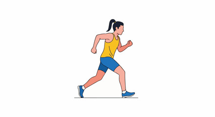 Fototapeta premium Athletic woman in yellow tank top and blue shorts running vigorously