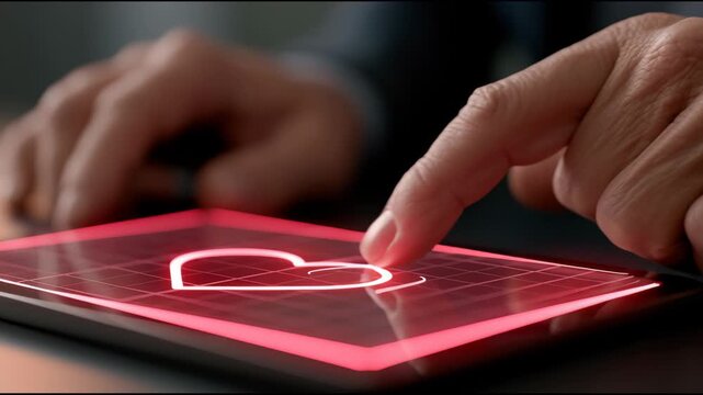 A hand interacts with a heart graphic on a digital screen in a workspace. The finger touches and controls elements on the display.