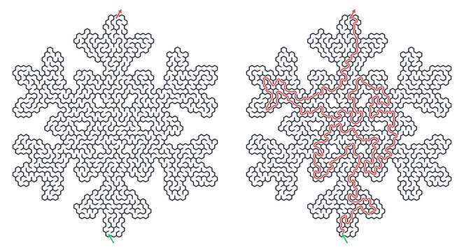 Winter labyrinth puzzle printable featuring snowflake shaped mazes with one showing the red solution path, ideal for educational worksheets and seasonal activities