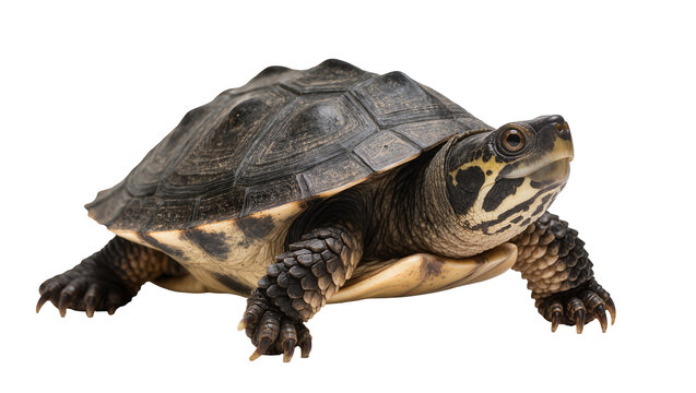 Mud turtle with patterned shell and skin on white