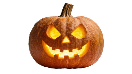 Carved Halloween pumpkin with glowing face and stem © Luca