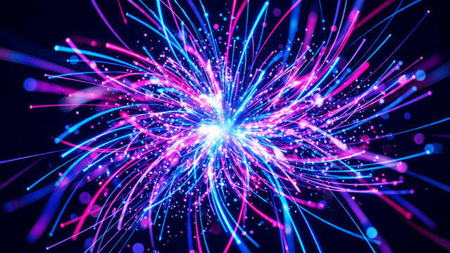 Explosive burst of vibrant blue and magenta light particles and streaks representing a digital singularity or high intensity data processing event in a futuristic computing environment.