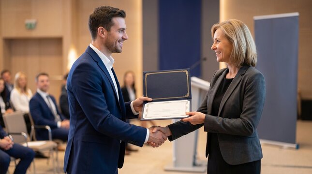 Man in Suit Receives Certificate and Shakes Hand with Woman in Blazer at Business Award Ceremony