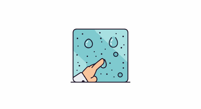 Cartoon hand touching water droplets on a blue sponge with dark outlines