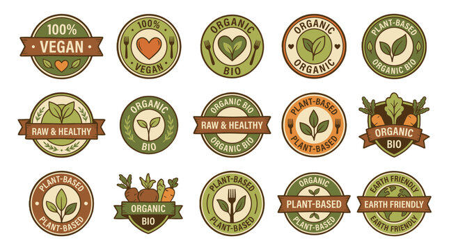 Set of vegan, organic and plant based badge logos
