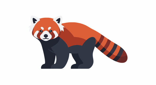 A stylized red panda with a bushy, striped tail stands on a white background