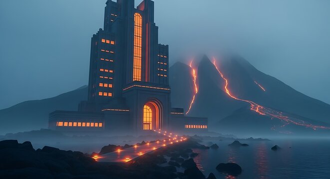 A towering structure glows warmly against a backdrop of a volcanic mountain range and water