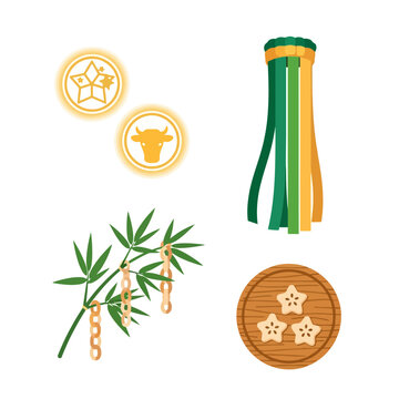 Tanabata Festival elements - bamboo leaves, ornaments, and decorative streamers.