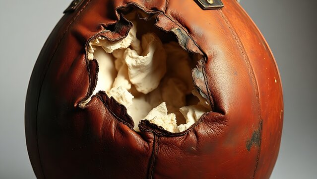 Worn punching bag with scuff marks and exposed stuffing under dramatic lighting.