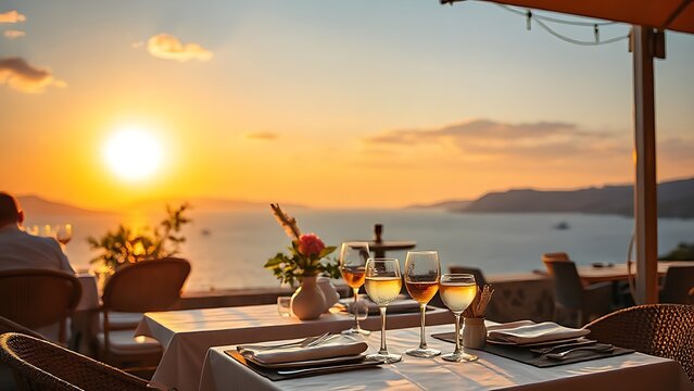 A taverna terrace overlooking the sea at sunset with golden light on glassware.