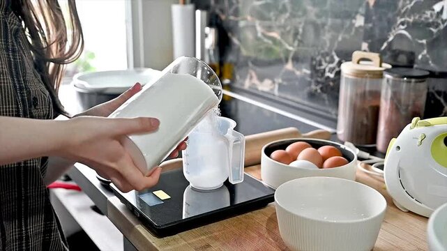 Woman measures flour in a glass on a digital kitchen scale beside eggs and bowls in a modern marble kitchen preparing ingredients for homemade sponge cake baking.