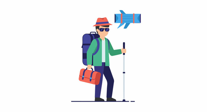A man in a hat and sunglasses holds a hiking stick, carrying a backpack and bag