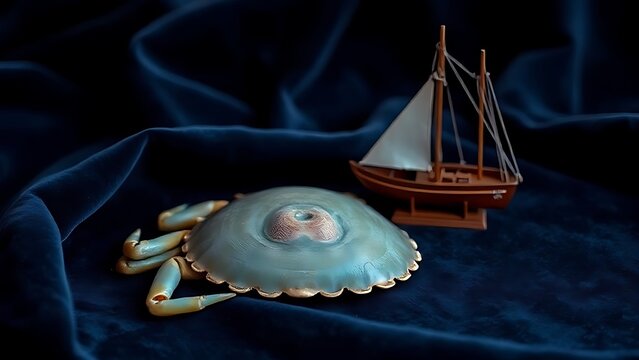 Blue crab shell specimen next to wooden sailboat model on dark blue velvet.