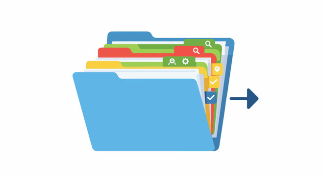 A blue file folder with colorful tabs and icons, and a blue arrow pointing right
