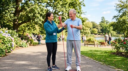 Obraz premium A smiling caregiver assists an elderly man with resistance band exercises in a sunny park setting with a lake and trees in the background