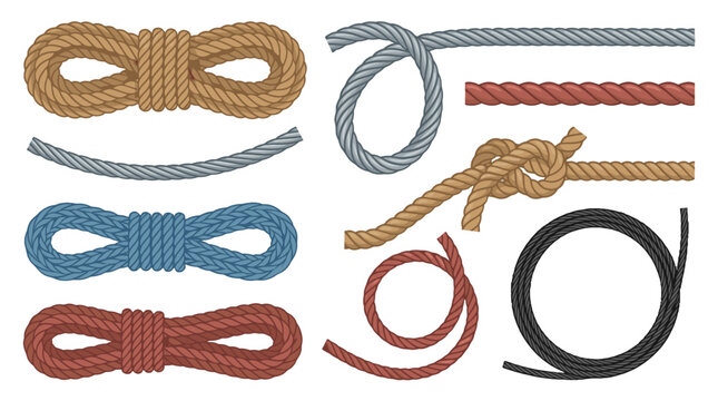 Set of twisted ropes and loops with knots in vector style
