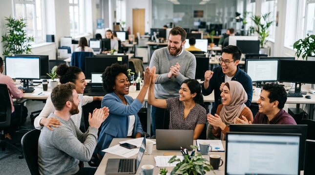 Diverse group of colleagues celebrating success with high fives and smiles in a modern office environment