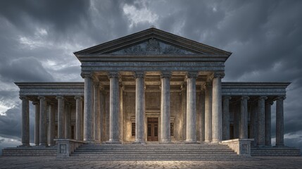 Obraz premium Photorealistic neoclassical museum building exterior with tall ornate columns carved pediment and wide stone staircase under dramatic cloudy sky. AI generated image