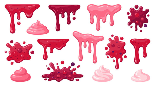 Set of glossy pink and red liquid drips and splashes