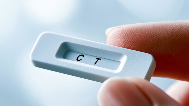 Close-up of hand holding a test strip showing 'CT' result. Fingers gently grip the plastic device. Background softly blurred with cool tones. Suitable for health, medical, or diagnostic content themes