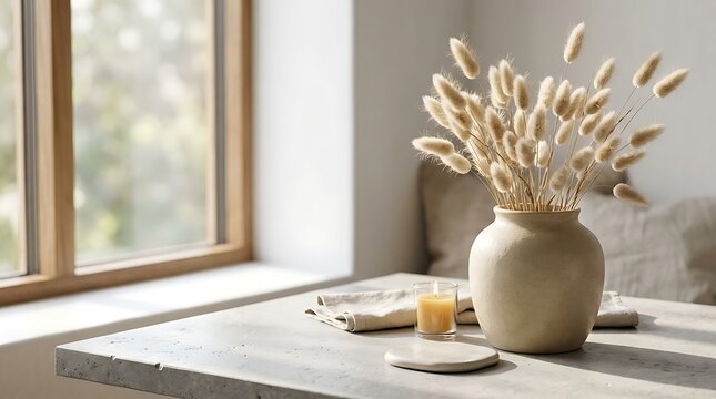 minimalist decor with vase with dried grasses