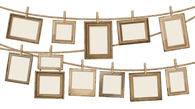 Vintage empty picture frames hanging on rope with clothespins
