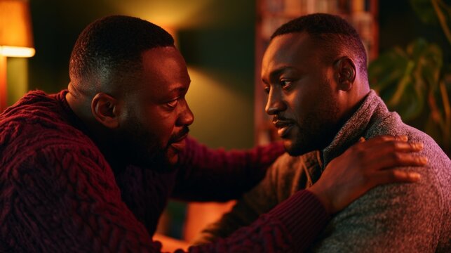 Two men in warm lighting share a close, supportive moment. One gently places his hand on the other's shoulder. They appear emotionally connected, possibly comforting each other