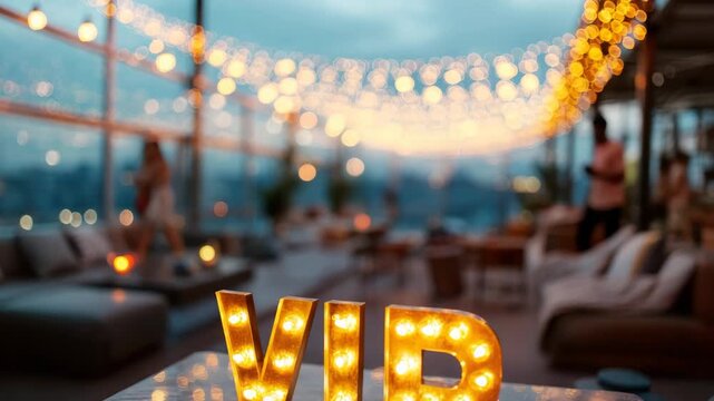 golden vip sign on a table in a bar decorated with lights