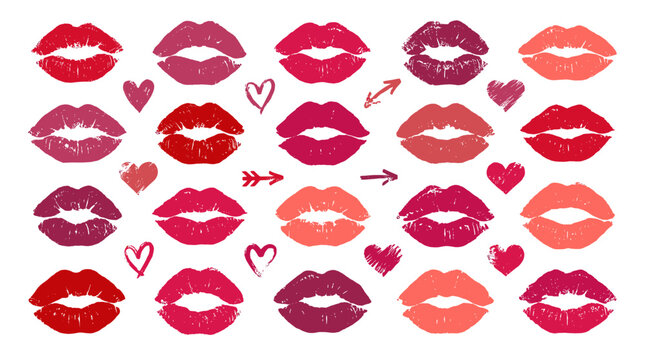 Set of colorful lipstick kiss marks with hearts and arrows