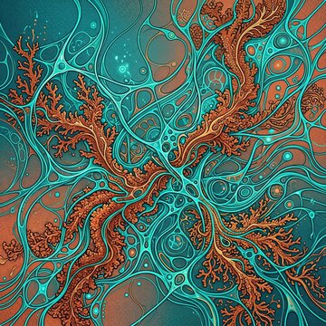 Sophisticated biomorphic abstract illustration of creeping moss growth with terracotta accents
