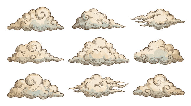 Set of hand drawn vintage clouds isolated on white background