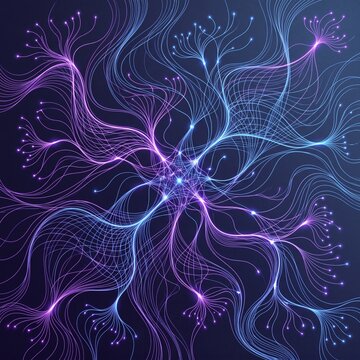 Minimalist intricate biomorphic illustration of neural synapses and violet data web