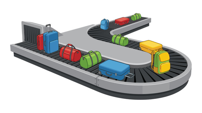 Airport baggage carousel with colorful luggage in isometric vector