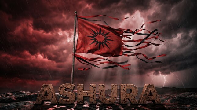 Tattered flag of albania waving under a dark dramatic storm sky with the country name shqiperia written in bold letters below