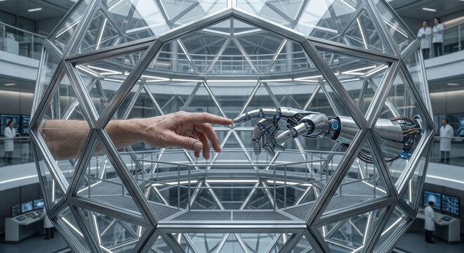 Future AI and Innovation Concept: Cybernetic Connection and Human Machine Collaboration in High-Tech Lab